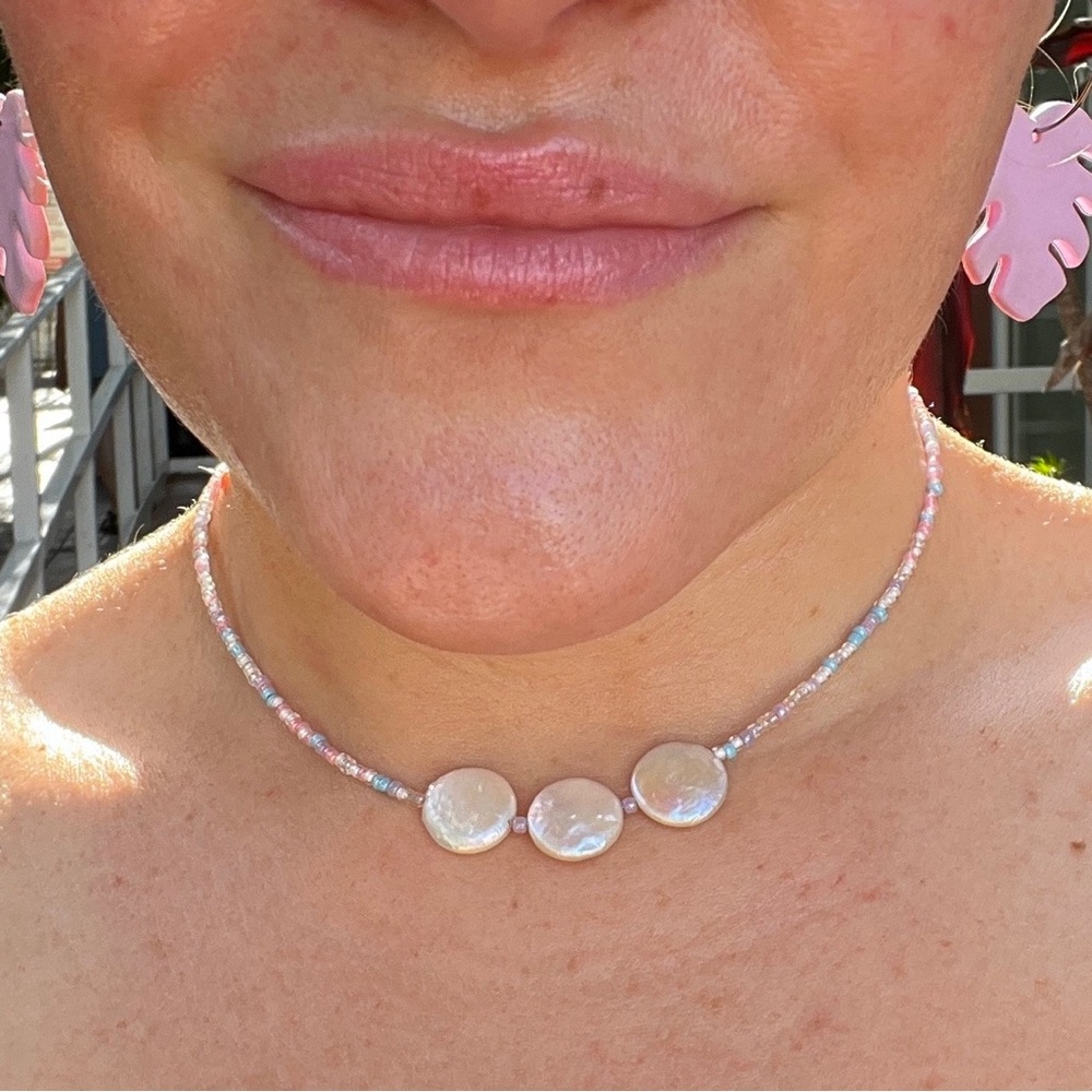 Rainbow pearl necklace- 3 pearls with rainbow mix of seed beads